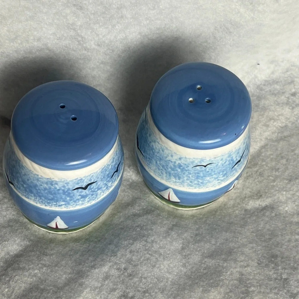 Nautical Lighthouse Sailboat Ceramic Salt and Pepper Shaker Set Coastal Blue